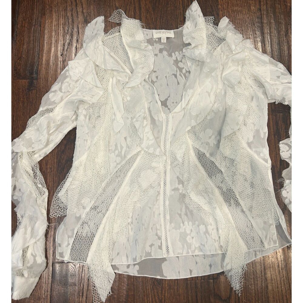 Divine Heritage Cream Color Lace Ruffle Sheer Long Sleeve Top Women's Size Small